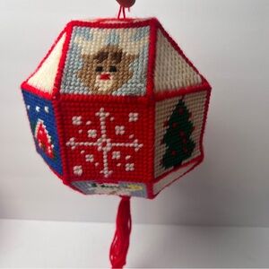 Vintage needlepoint plastic canvas Red green White Geometric Ornament w/ Tassel